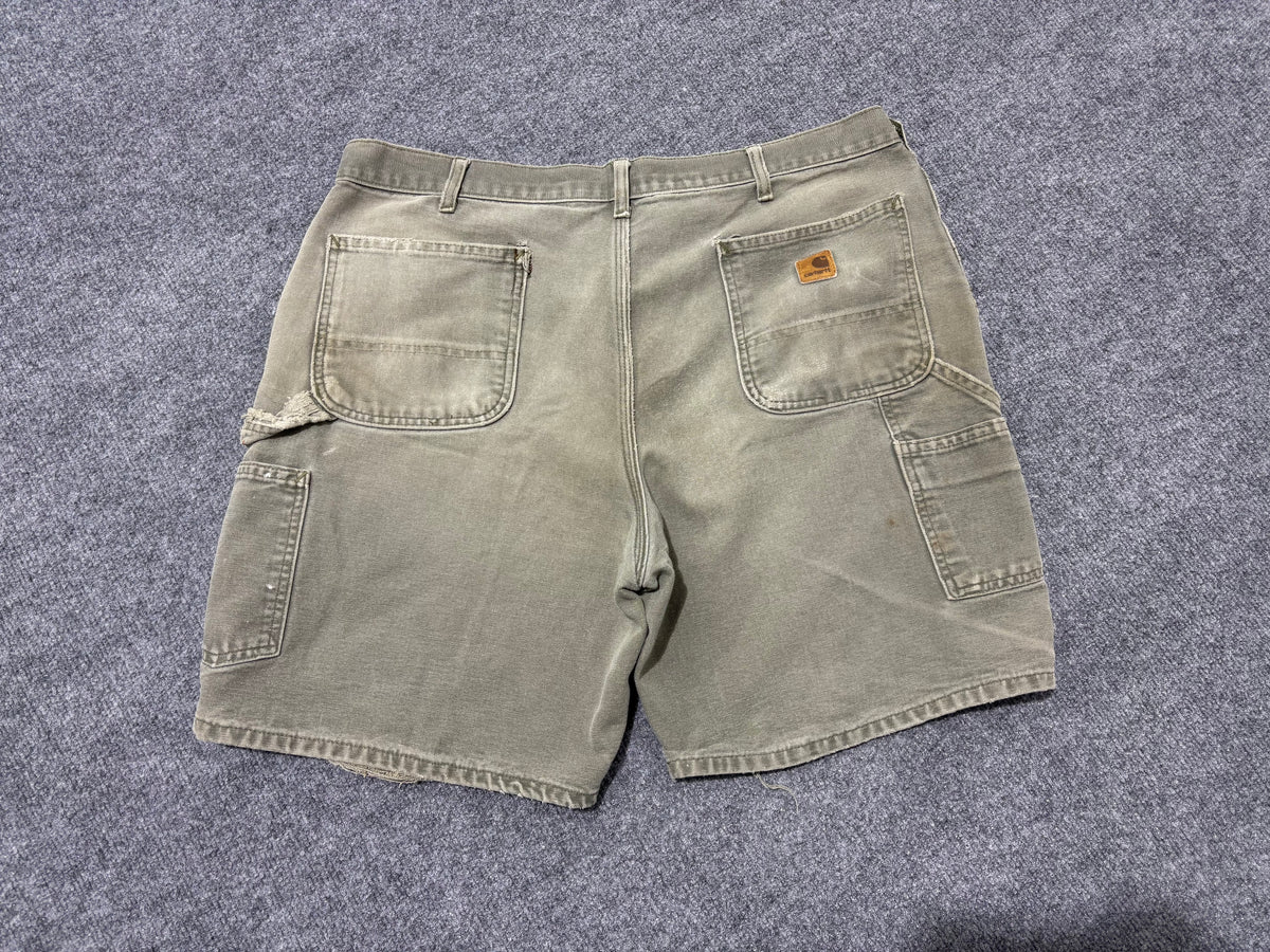 Distressed Thrased Reworked Carhartt Carpenter Shorts - Faded Olive Size 40