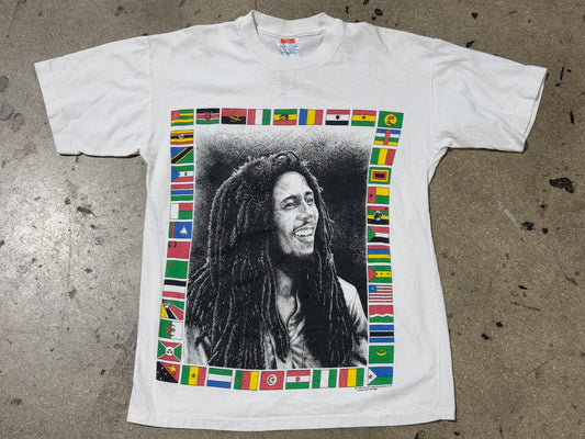1996 Bob Marley Flag Portrait Tee - White Size Medium