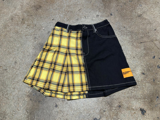 Bershka Half Plaid Half Denim Skirt - Black/ Yellow Size Small
