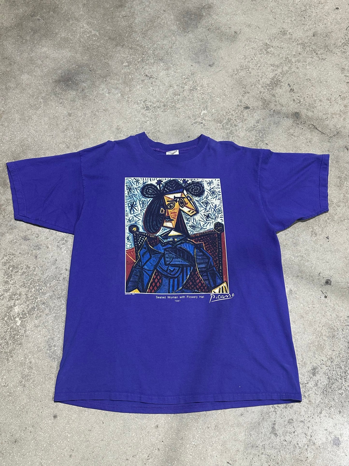 1993 Picasso Seated Woman with Flower hat Tee - Purple Size XL