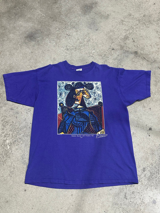 1993 Picasso Seated Woman with Flower hat Tee - Purple Size XL