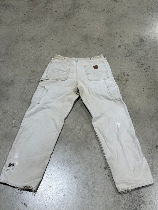 Distressed Carhartt Plaid Liner Carpenter Pants - Faded Light Khaki Size 33x30