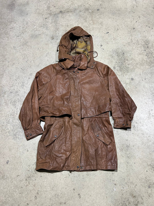 Heavy Leather Hooded Trench Coat - Brown Size Large