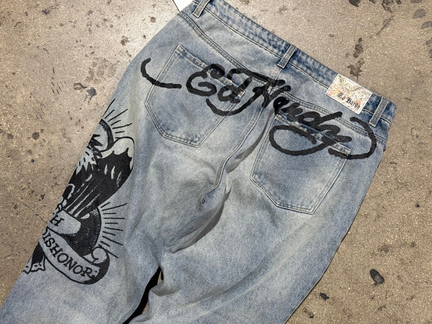 Ed Hardy Black Paint Denim - Light Wash Size 34x30