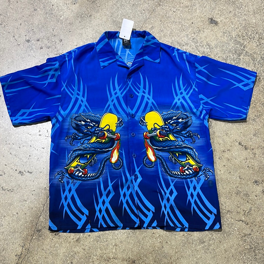 Skateboarding Dragons Rayon Button Up Shirt - Royal Blue Size XL