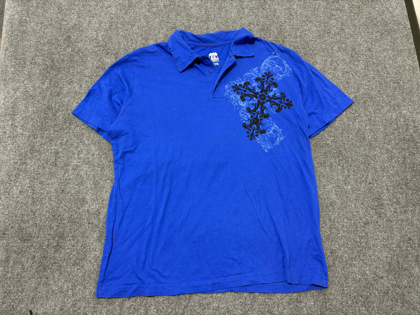 Y2K Route 66 Tribal Cross Polo Shirt - Blue Size Large