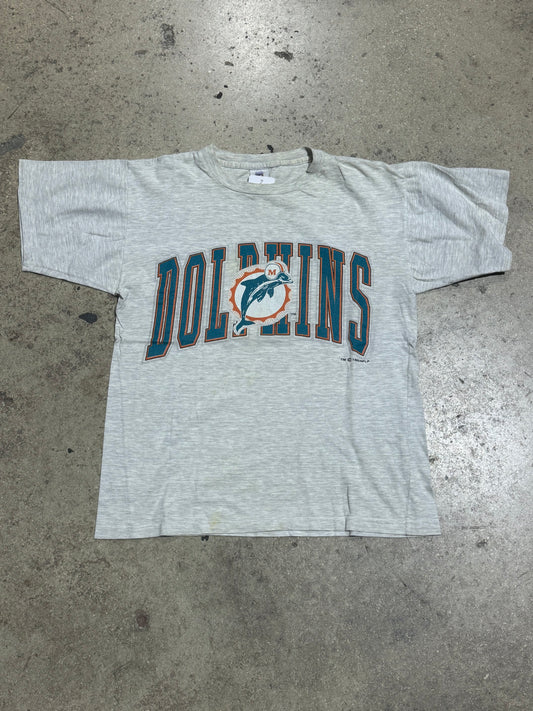 1992 Miami Dolphins Arc Logo Tee - Ash Grey Size Medium