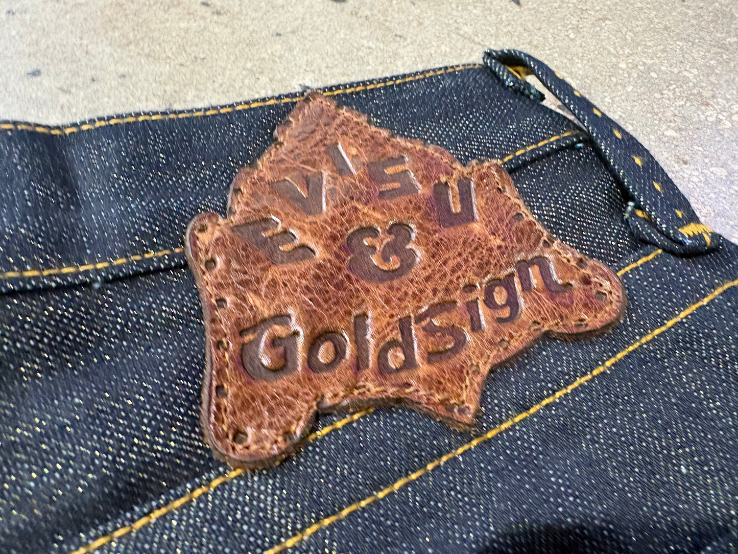 Evisu Goldsign Shiny Denim Jeans - Dark Wash/ Gold Size 36
