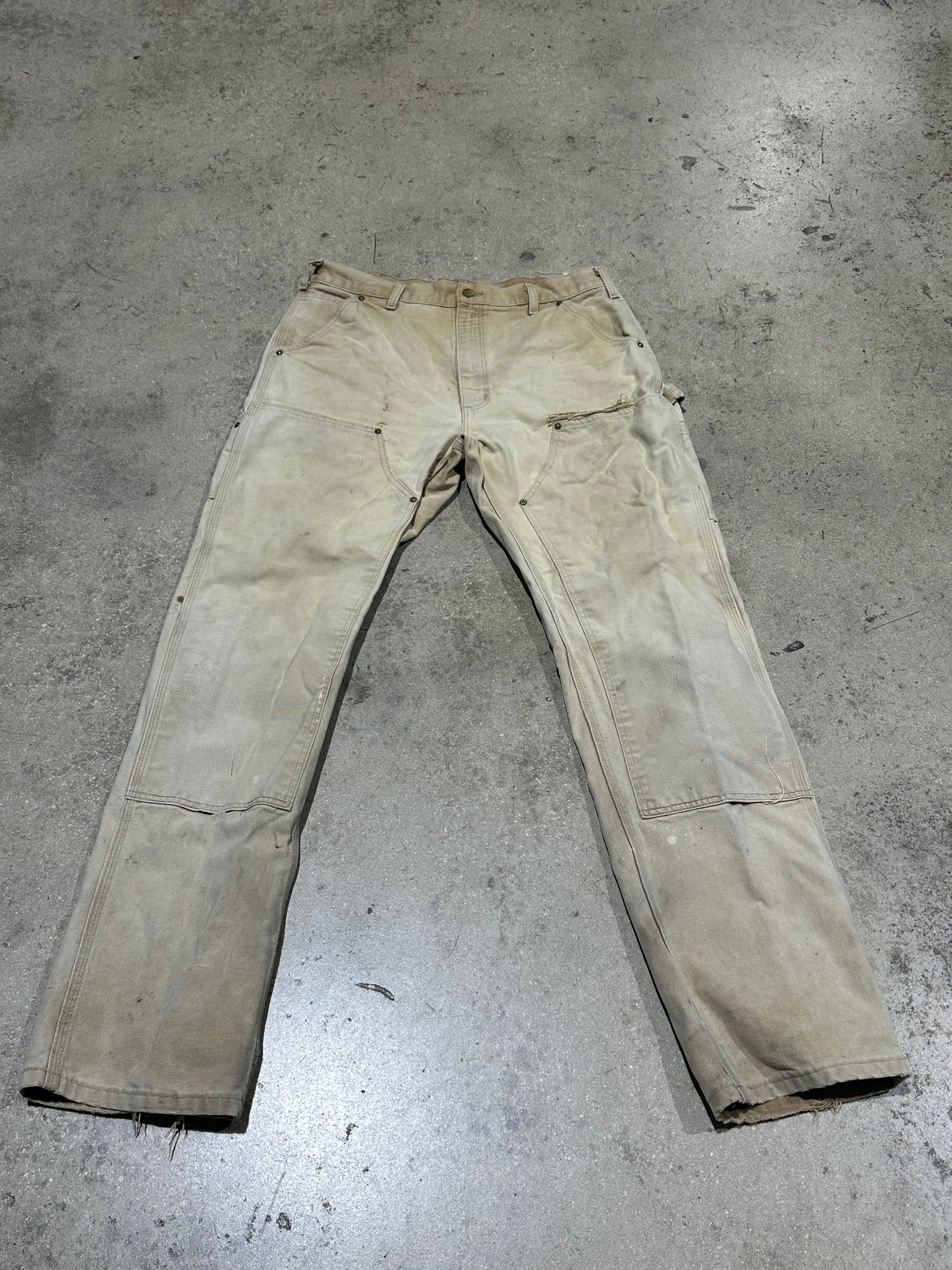 Distressed Carhartt Double Knee Pants - Faded Khaki Size 34x34