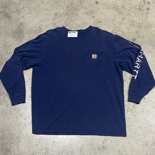 Distressed Carhartt Longsleeve Pocket Tee - Navy Size XL