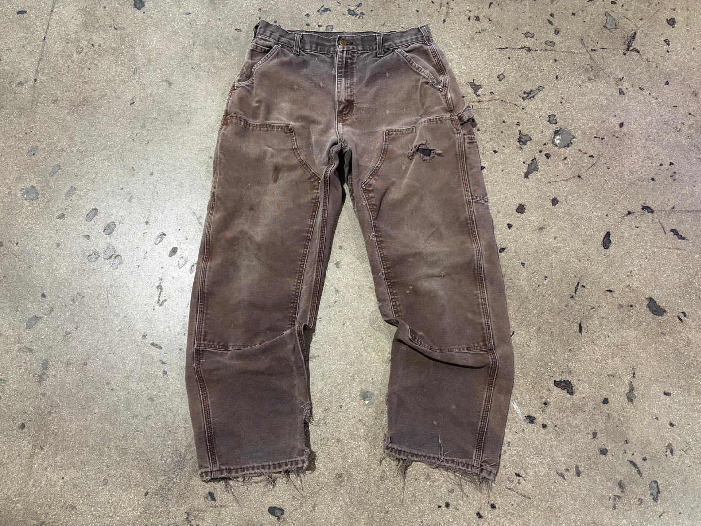 Distressed Carhartt Double Knee Pants - Faded Brown Size 32 x 30