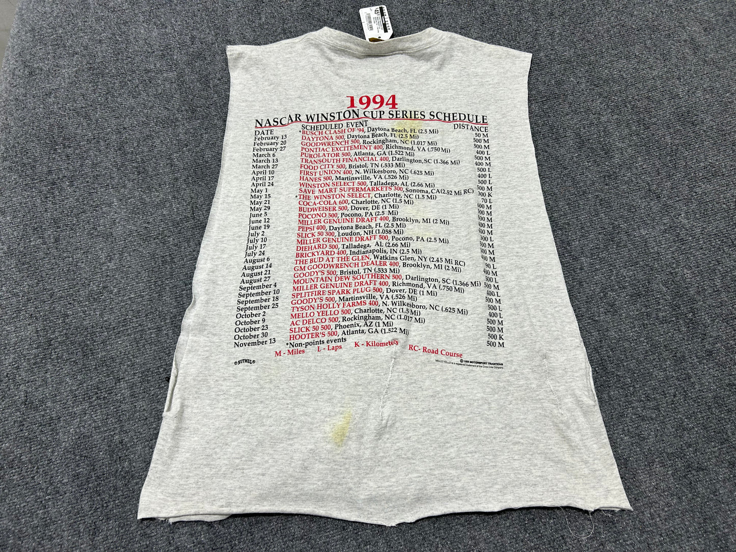 Cutoff Sleeveless 1994 Nascar Winston Cup Schedule Tee - Ash Grey Size Large