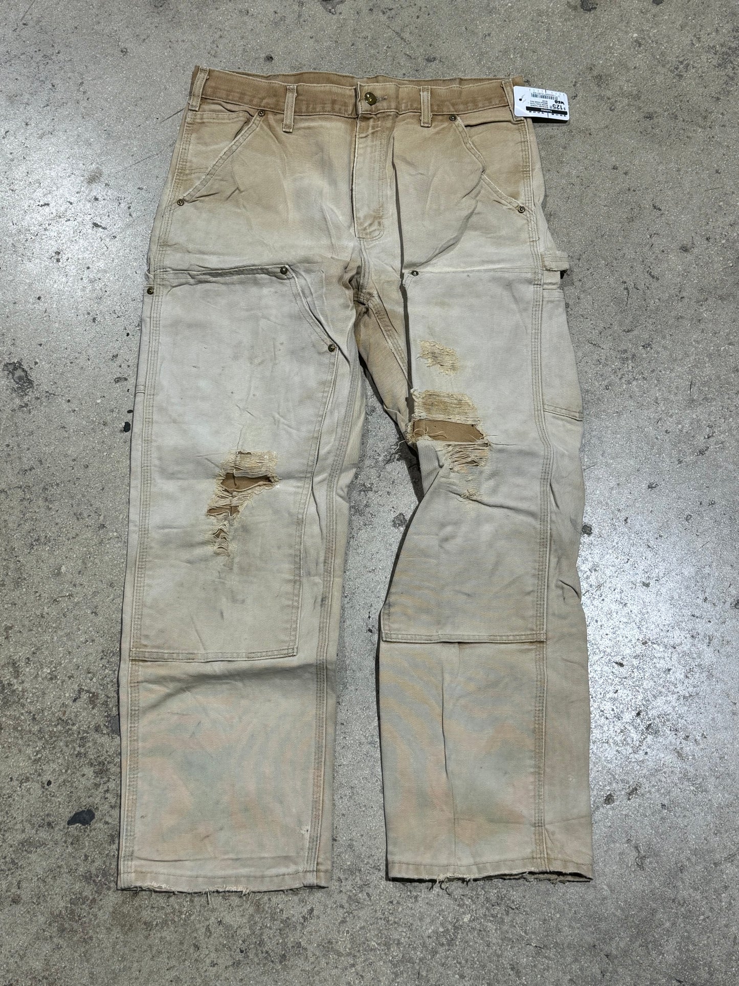 Distressed Carhartt Double Knee Pants - Washed Khaki Size 32x32