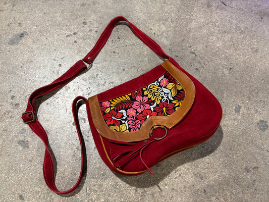 Suede Embroidered Floral Bag - Red