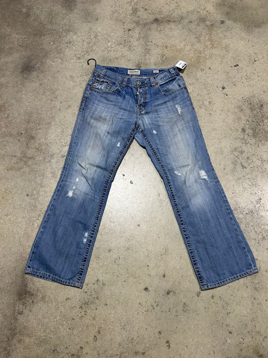 Distressed Mek Denim Bootcut Jeans - Light Blue Size 34/32