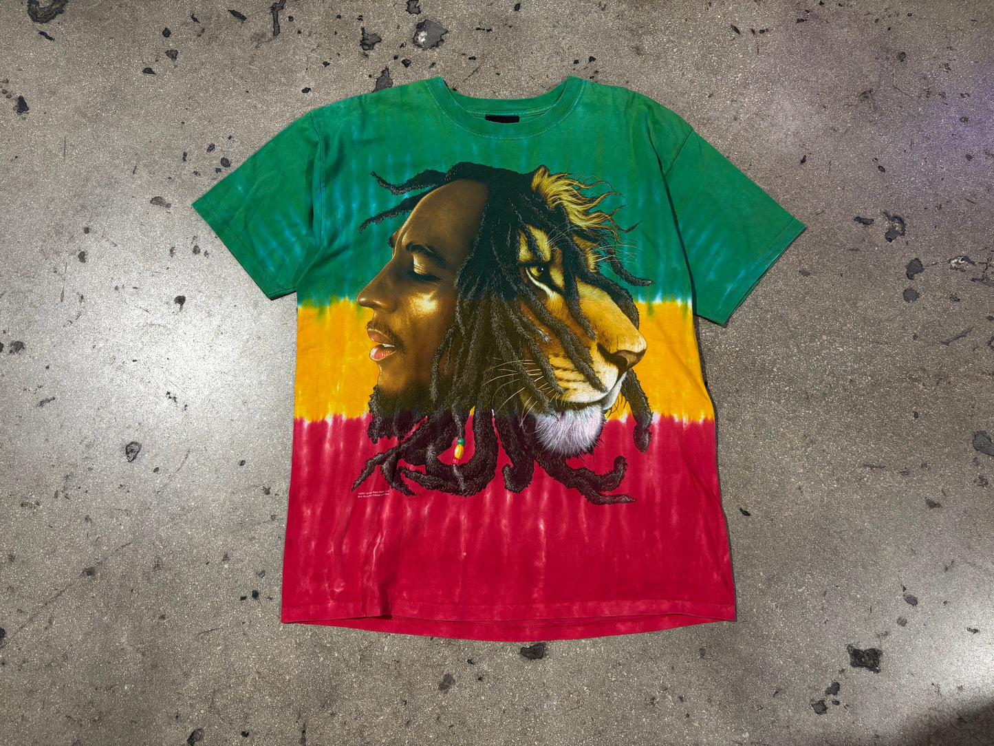 2007 Bob Marley Lion Tie Dye Tee - Green / Yellow / Red Size Large