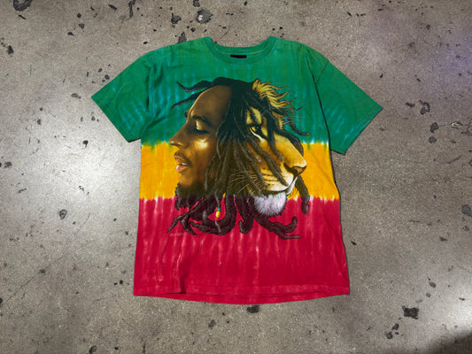 2007 Bob Marley Lion Tie Dye Tee - Green / Yellow / Red Size Large