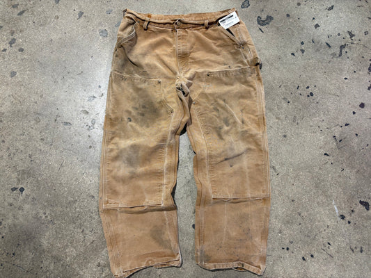 Distressed Carhartt Double Knee Pants - Faded Khaki Size 38x30