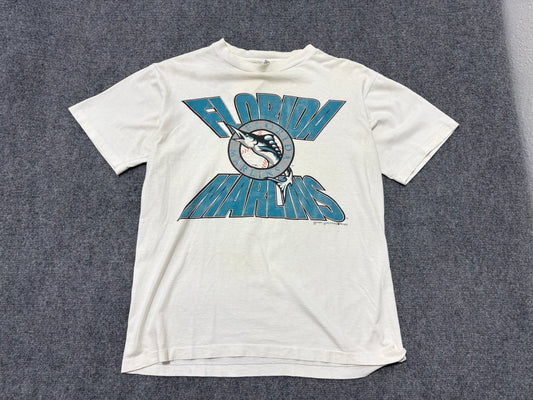 1993 Florida Marlins Spell Out Logo Tee - White Size Large