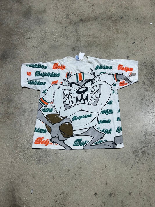 1992 Taz Devil Miami Dolphins AOP Tee - White/Orange/Teal Size Large