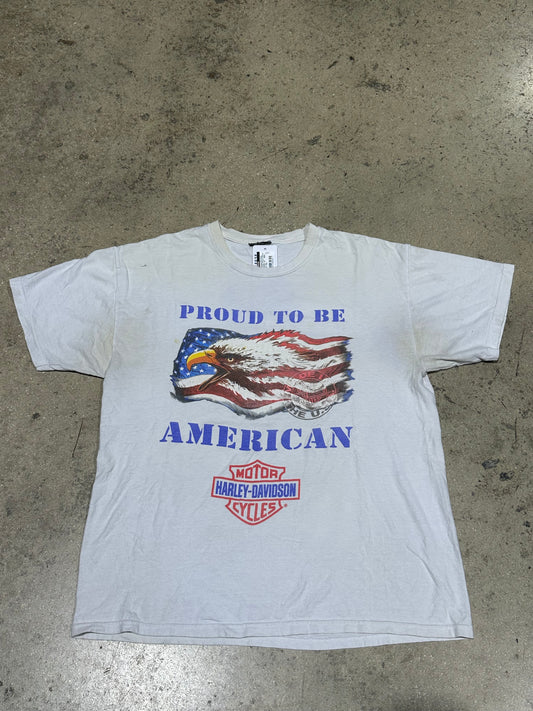 Distressed 00s Harley Davidson Proud To Be An American Tee - White Size Large