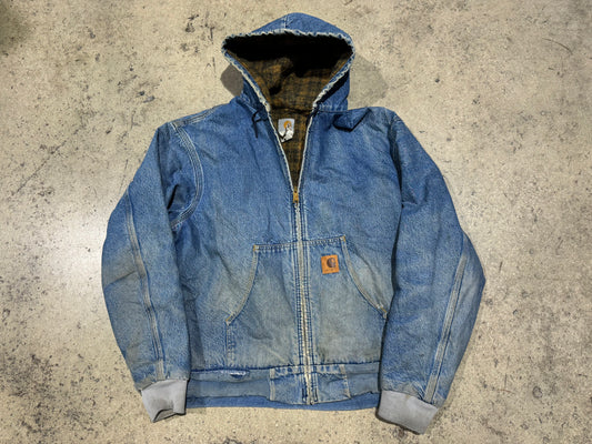 Carhartt Distressed Denim Plaid Liner Hooded Jacket Size XL