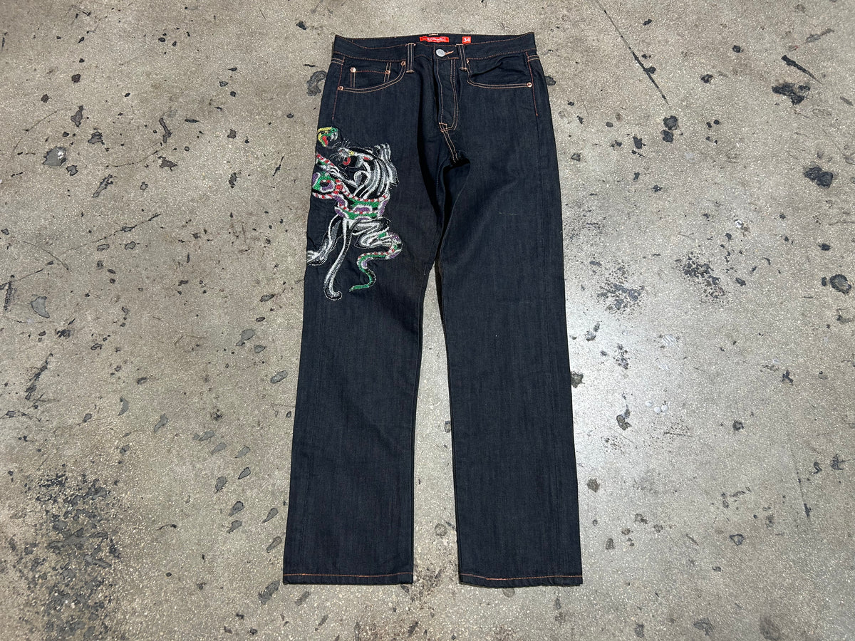 Ed Hardy Rhinestone Panther Denim Jeans - Dark Wash Size 34