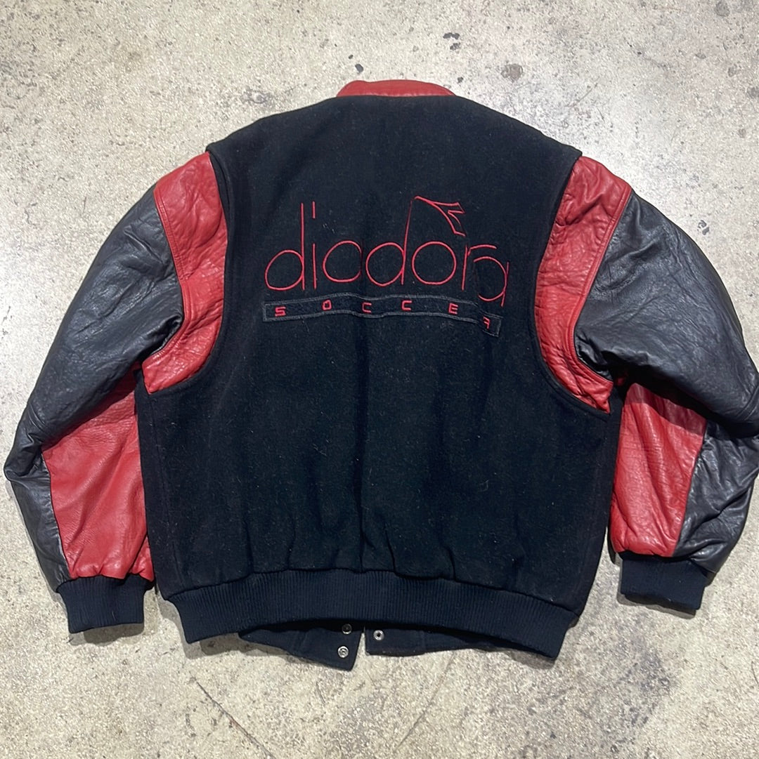 Diadora Soccer Leather Jacket - Black/Red Size Large