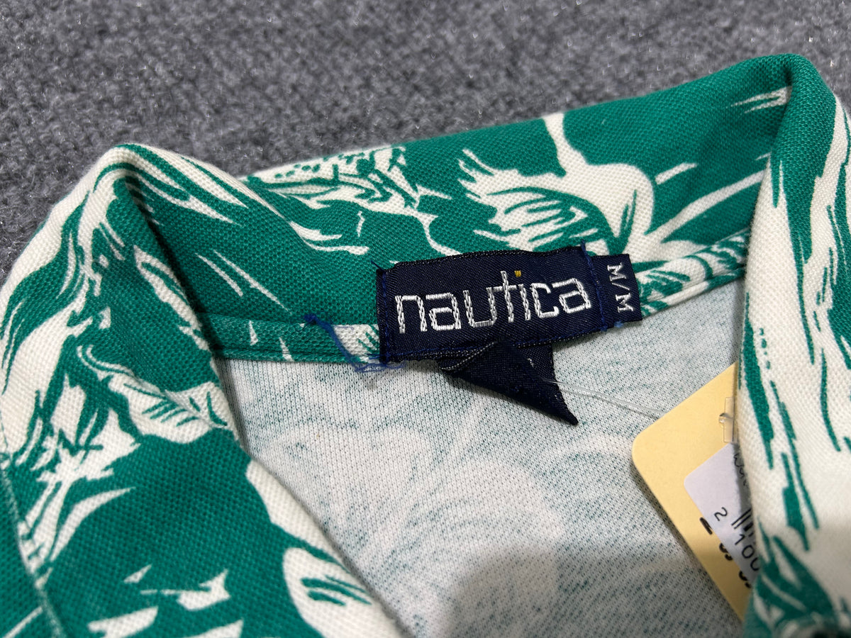Nautica Hawaiian Button Up Polo Shirt - Green/White size Medium
