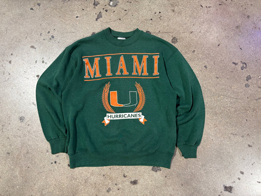 90s Miami Hurricanes Crest Logo Crewneck Sweater - Green Size Large