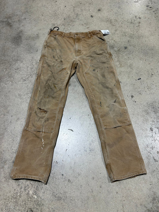 Distressed Carhartt Double Knee Pants - Faded Khaki Size 34x34