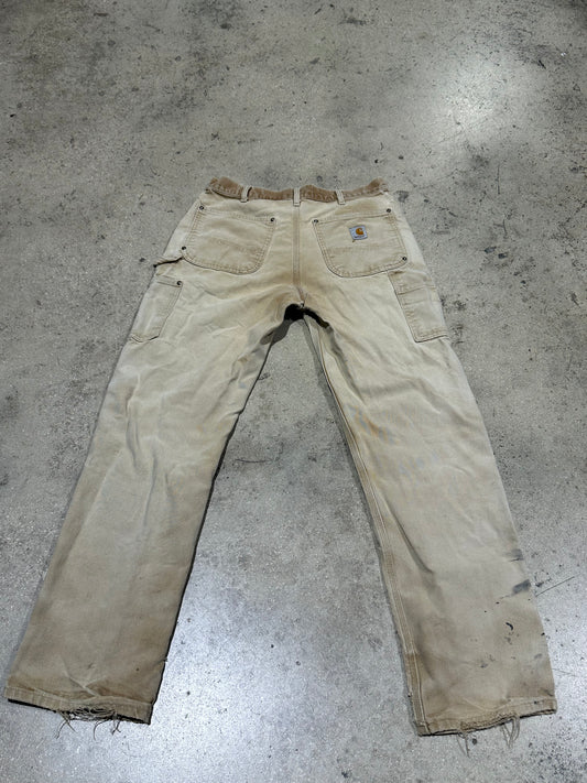 Distressed Carhartt Double Knee Pants - Faded Khaki Size 32x34