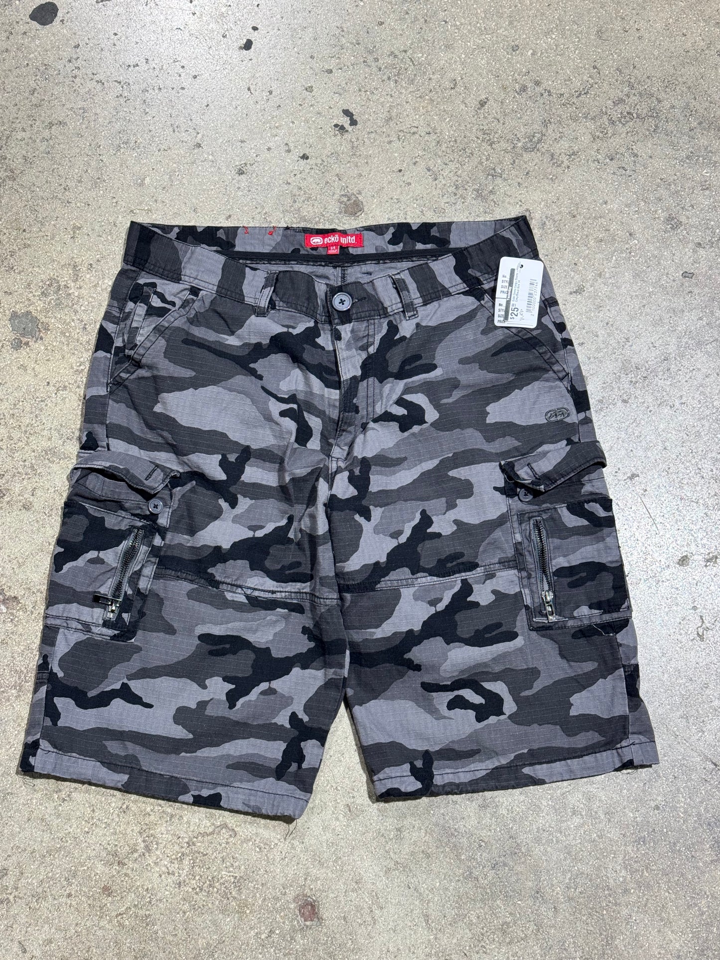 Ecko Camo Cargo Shorts - Grey/Black Size 34