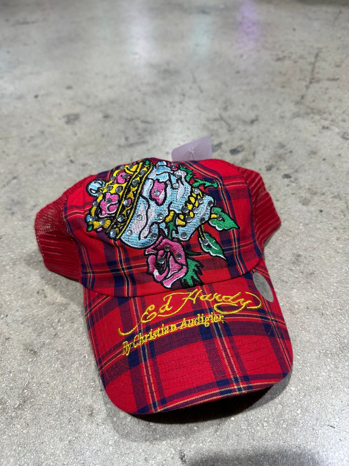 Ed Hardy Christian Audigier Skull Plaid Hat - Red