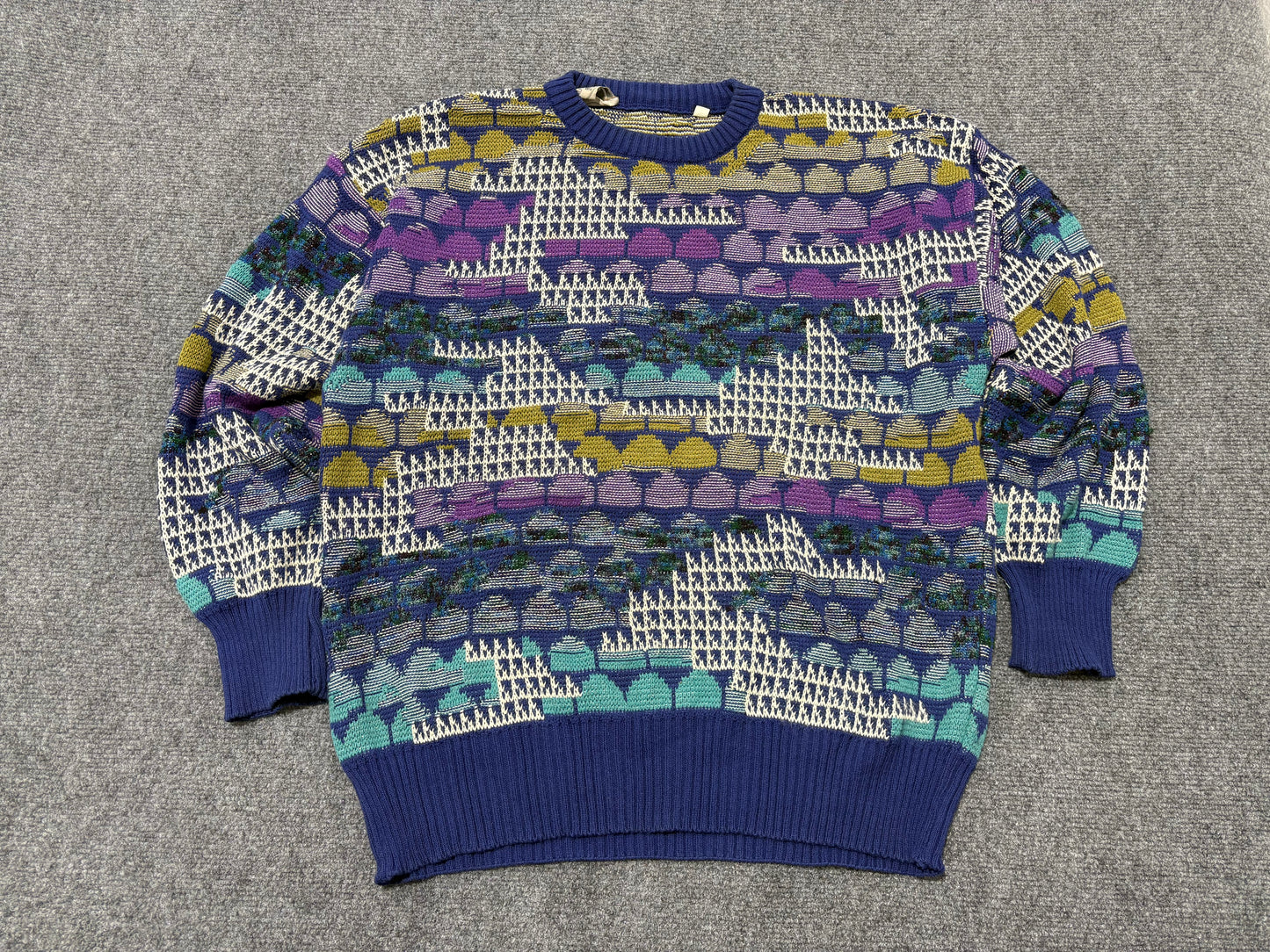 Pronto Uomo Patterned Knit Sweater - Blue / Purple /Teal Size Large