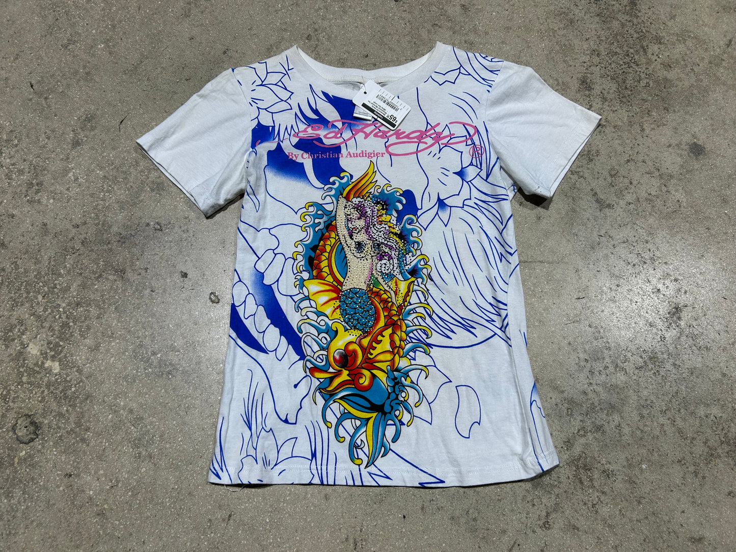 Womens Ed Hardy Rhinestone Mermaid Tee - White Size Large