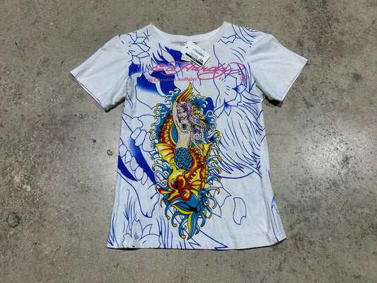 Womens Ed Hardy Rhinestone Mermaid Tee - White Size Large