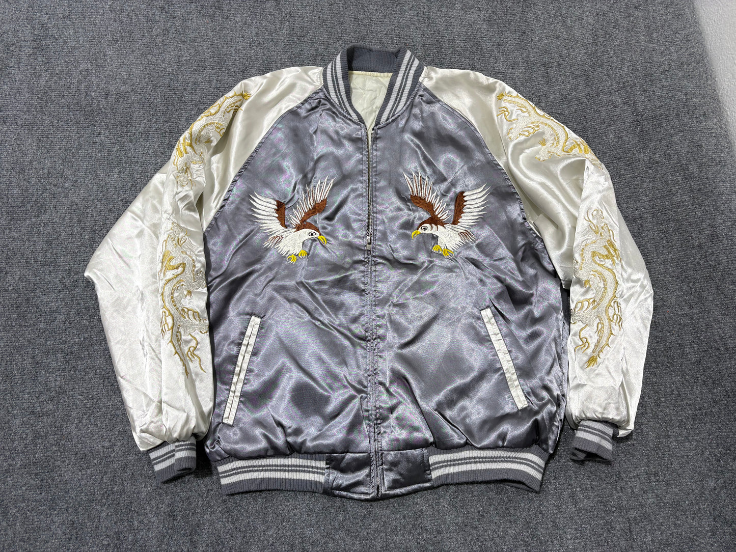 Japan Embroidered Satin Jacket - White/Grey Size XL