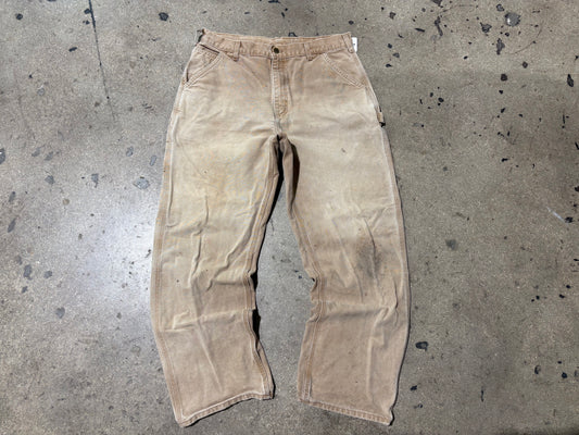 Distressed Carhartt Carpenter Pants - Faded Khaki Size 35x32