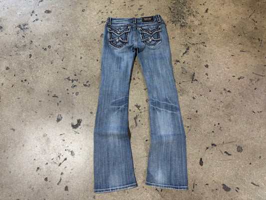 Miss Me Irene Embellished Flap Pockets Bootcut Jeans - Light Blue Size 27