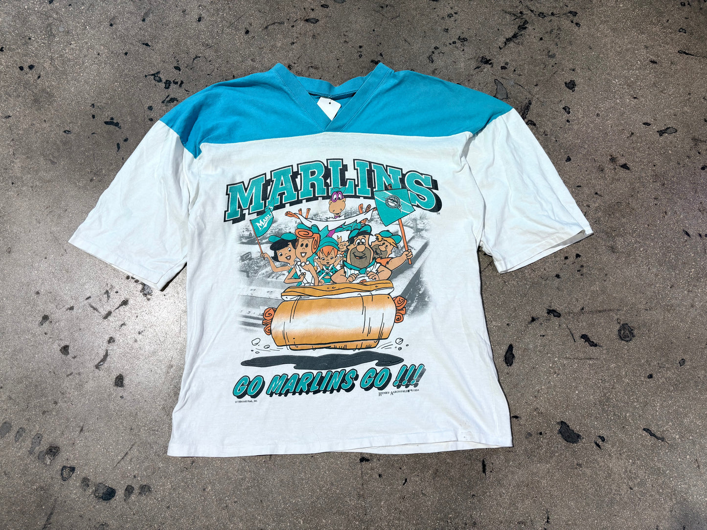 1994 Florida Marlins Flintstones Half Sleeve Tee - White/ Teal Size Large