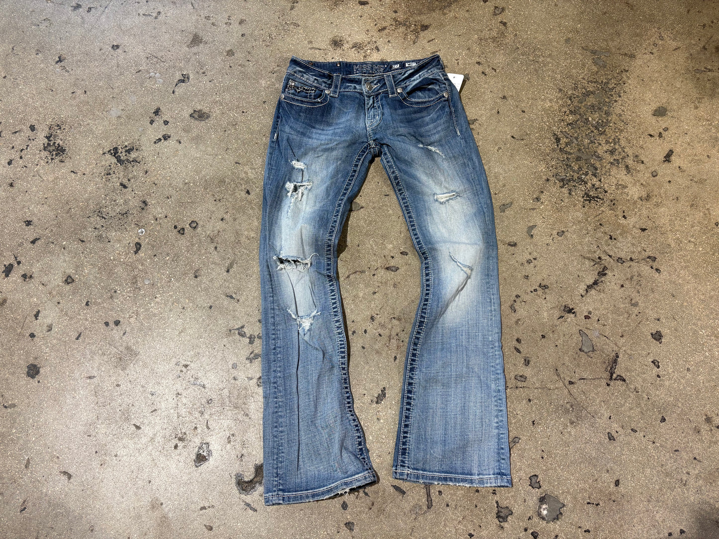 Miss Me Distressed Embroidered Pockets Bootcut Jeans - Blue Size 27