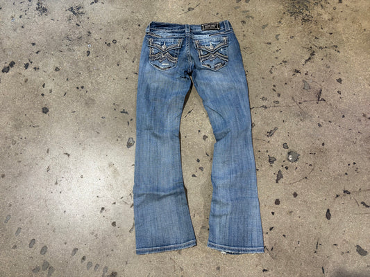 Miss Me Distressed Embroidered Pockets Bootcut Jeans - Blue Size 27