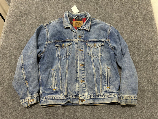 90s Levis Plaid Liner Trucker Denim Jacket - Blue Size Large