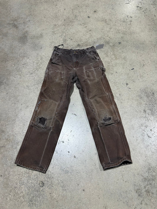 Distressed Carhartt Double Knee Pants - Faded Brown Size 28x30