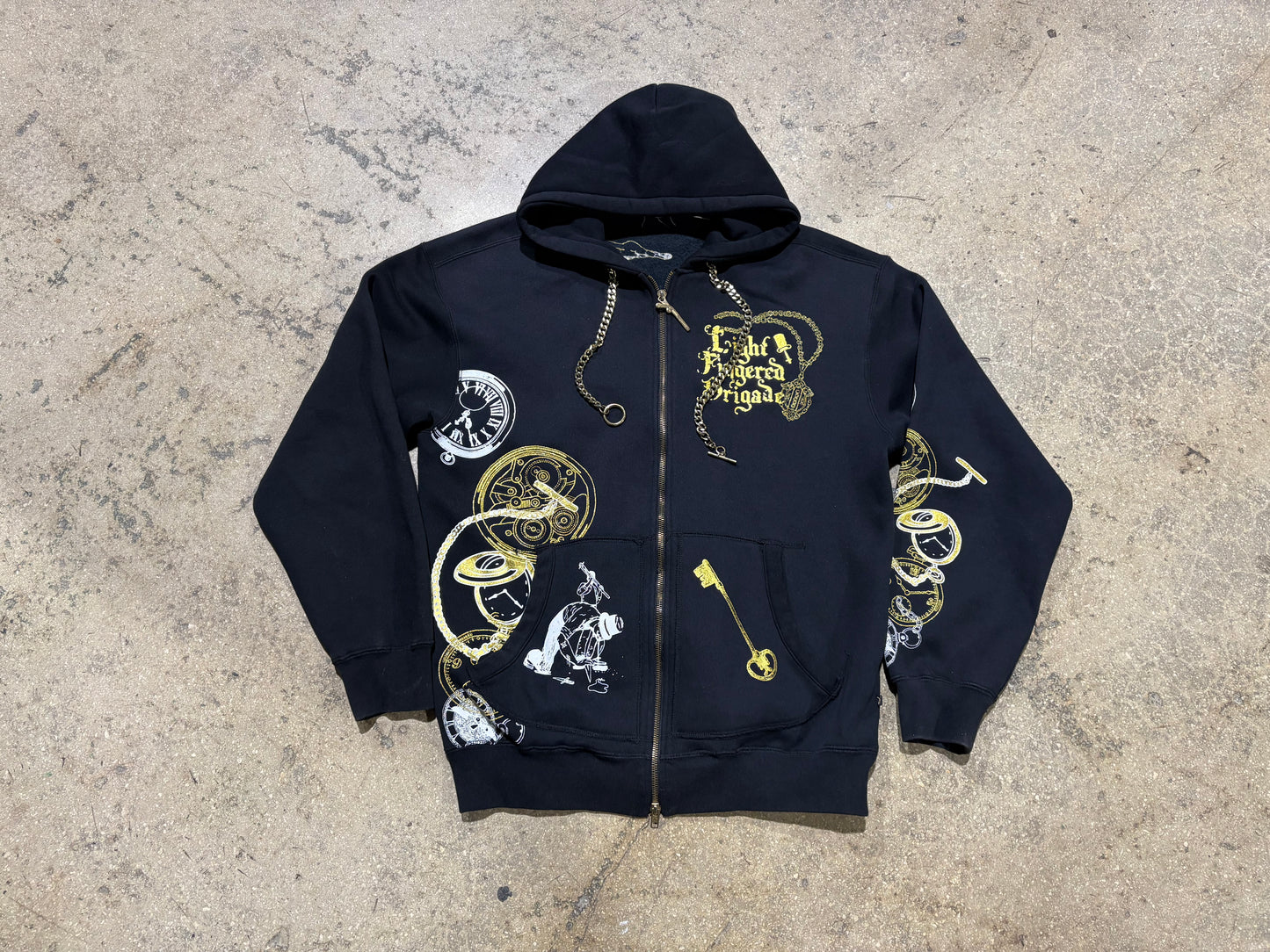 Artful Dodger Embroidered Zip Up Hoodie - Black / Gold Size Medium
