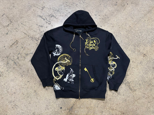 Artful Dodger Embroidered Zip Up Hoodie - Black / Gold Size Medium