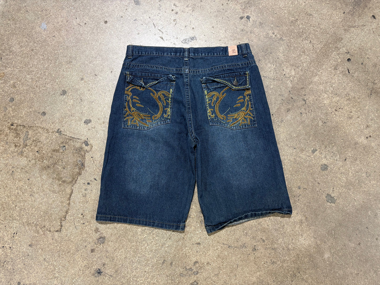 Emcee Embroidered Baggy Denim Jean Shorts - Dark wash Size 40