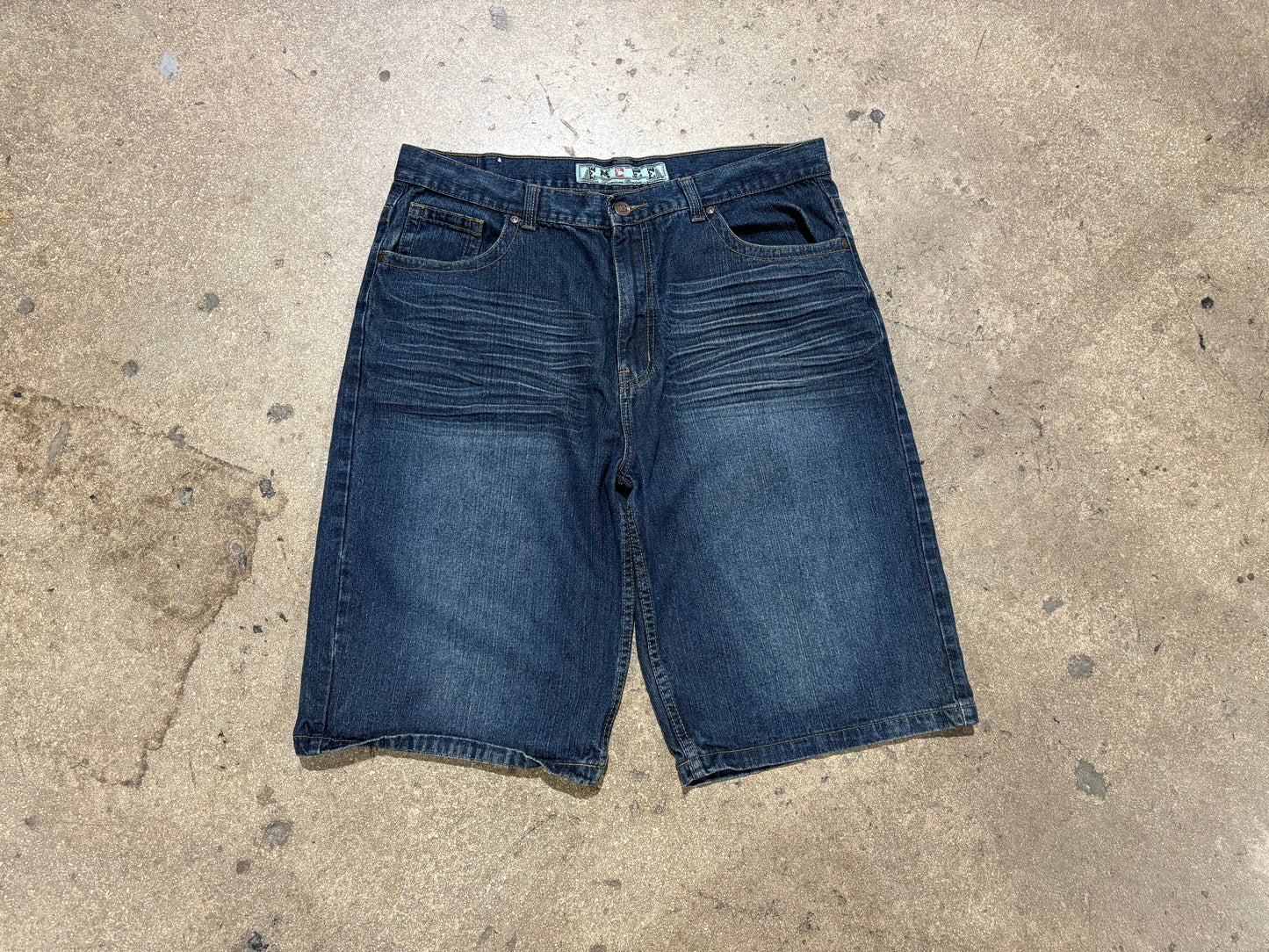 Emcee Embroidered Baggy Denim Jean Shorts - Dark wash Size 40