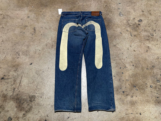 Evisu Big Print Denim Jeans - Navy/Cream Size 38